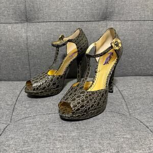 Hale Bob High Heel Shoe Women 7 Black Gray Alligator Leather‎ Pump Peep Toe